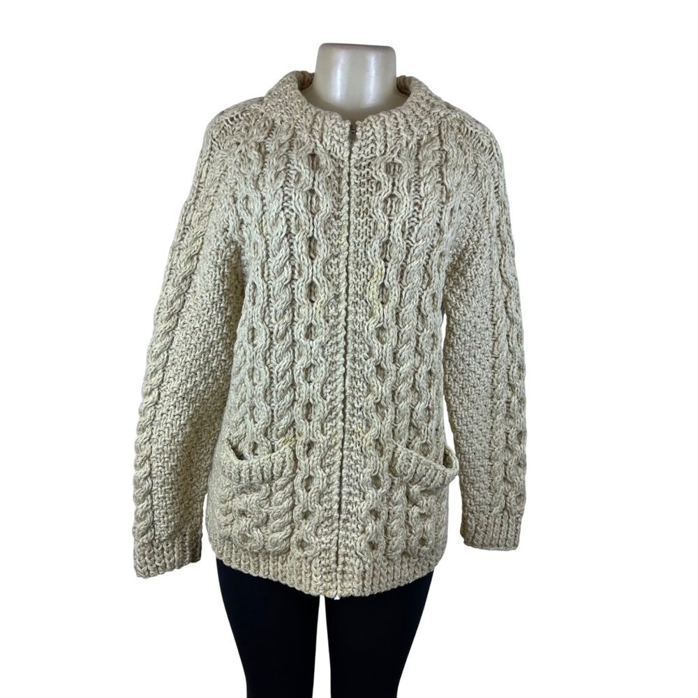 Vintage Andion Women's Cream Wool Knit Sweater Cardigan Open Front Pockets Sz L